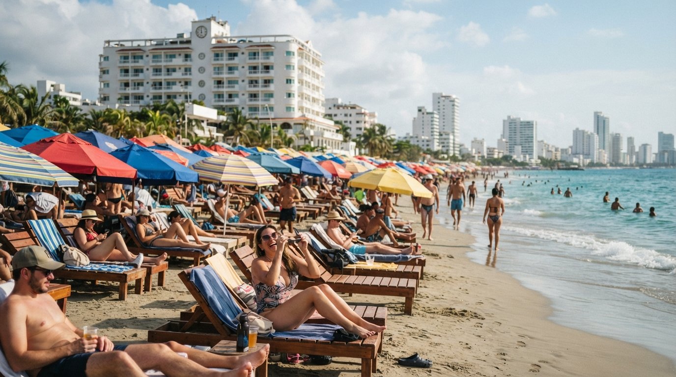 Playa Hollywood on Bocagrande’s central beach, rows of umbrellas and loungers crowded near Hotel Caribe in bright afternoon light