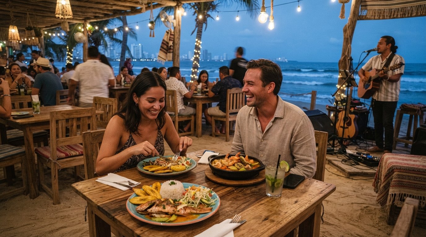 Morena’s rustic-bohemian beachfront dining room on Carrera 1, warm lights, live music setup and Caribbean seafood plates on wooden tables