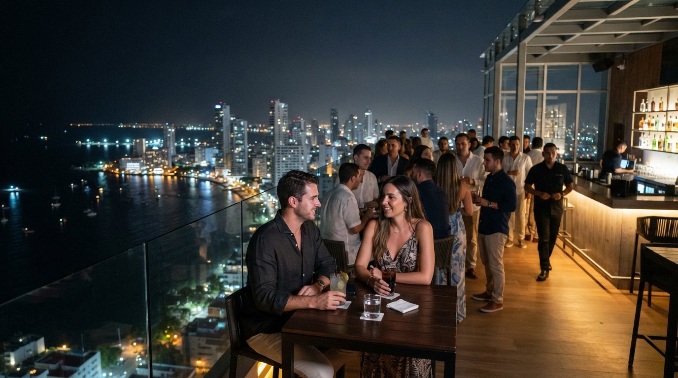 the 51 Sky Bar on the 51st floor of Estelar Cartagena de Indias, city lights, cocktails and a 360-degree night view over Bocagrande and the bay