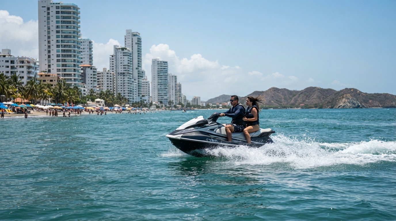 jet skis cutting across Bocagrande’s bay near the beach, towers and Tierra Bomba visible in the background under bright midday sun