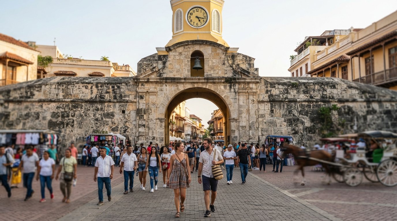 a Torre del Reloj, entrada da cidade antiga de Cartagena no fim da tarde, com o arco de pedra, o relógio e pedestres entrando na Plaza de los Coches
