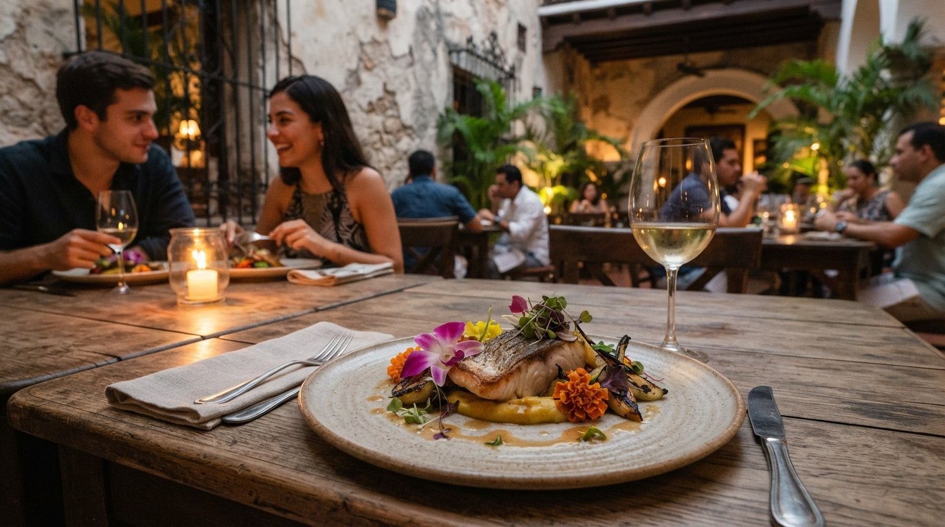 um prato do menu de degustação no Carmen em uma sala de jantar colonial restaurada, apresentação de alta gastronomia com flores comestíveis e luz de velas