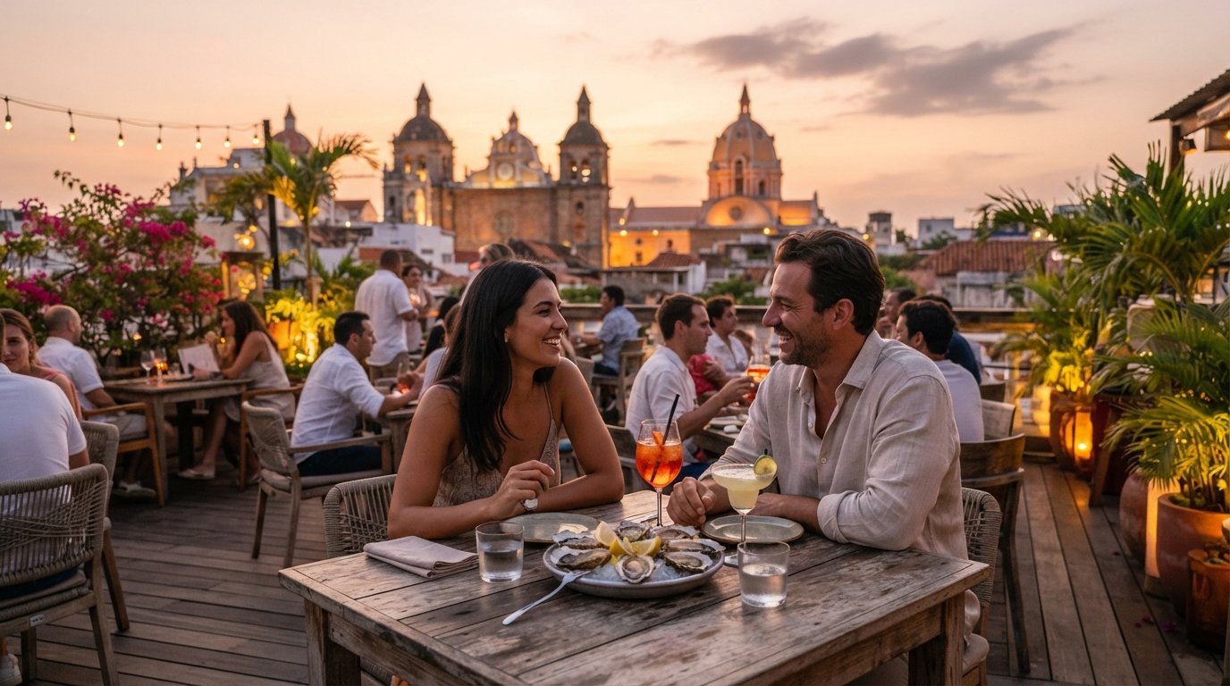 o terraço do Buena Vida Marisquería y Rooftop ao pôr do sol, ostras, coquetéis e o horizonte da cidade velha captando a luz dourada