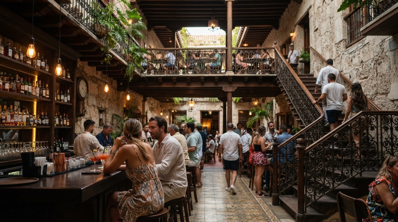 o interior do Alquímico, bar em mansão do século XIX, andares de coquetéis com iluminação aconchegante, garrafas e clientes circulando entre os níveis