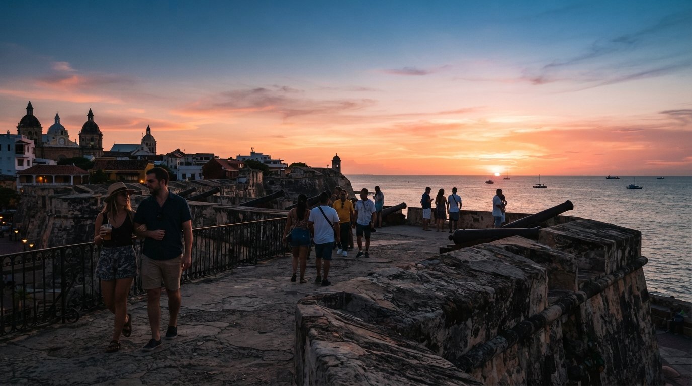 pôr do sol nas muralhas de Cartagena no Baluarte de Santo Domingo, pessoas silhuetadas contra o Caribe e as antigas fortificações de pedra
