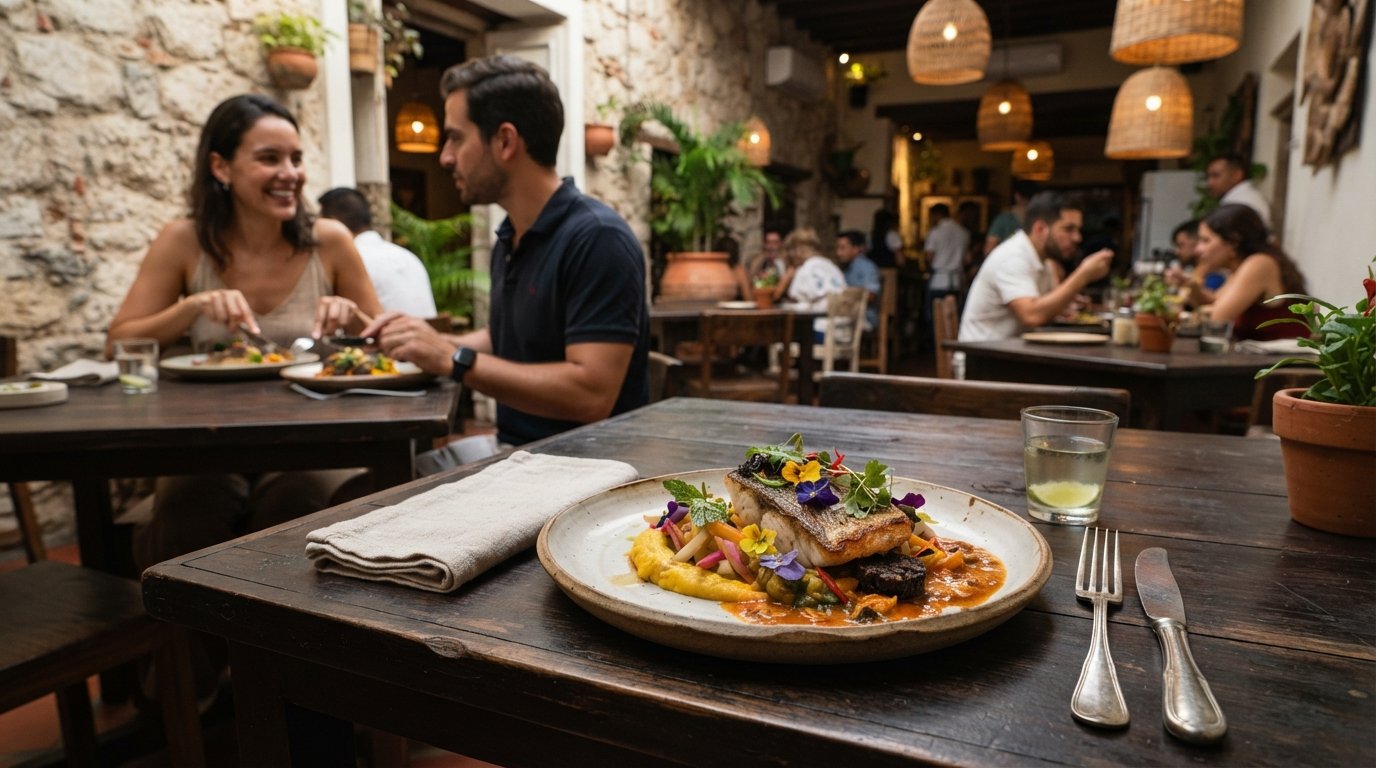 a plated tasting-menu course at Celele in Cartagena, Caribbean ingredients arranged with fine-dining precision on a dark table