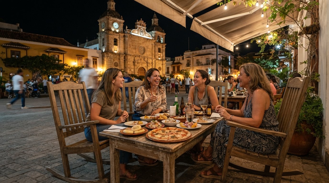 a casual dinner scene at Demente on Plaza de la Trinidad, rocking chairs on the pavement under a retractable roof with tapas and pizza on the table