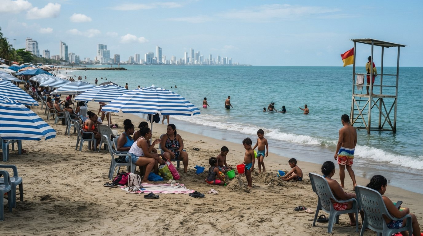 Playa Azul in La Boquilla at late morning, calm Caribbean water, blue beach umbrellas, lifeguard post and local families spread across the sand