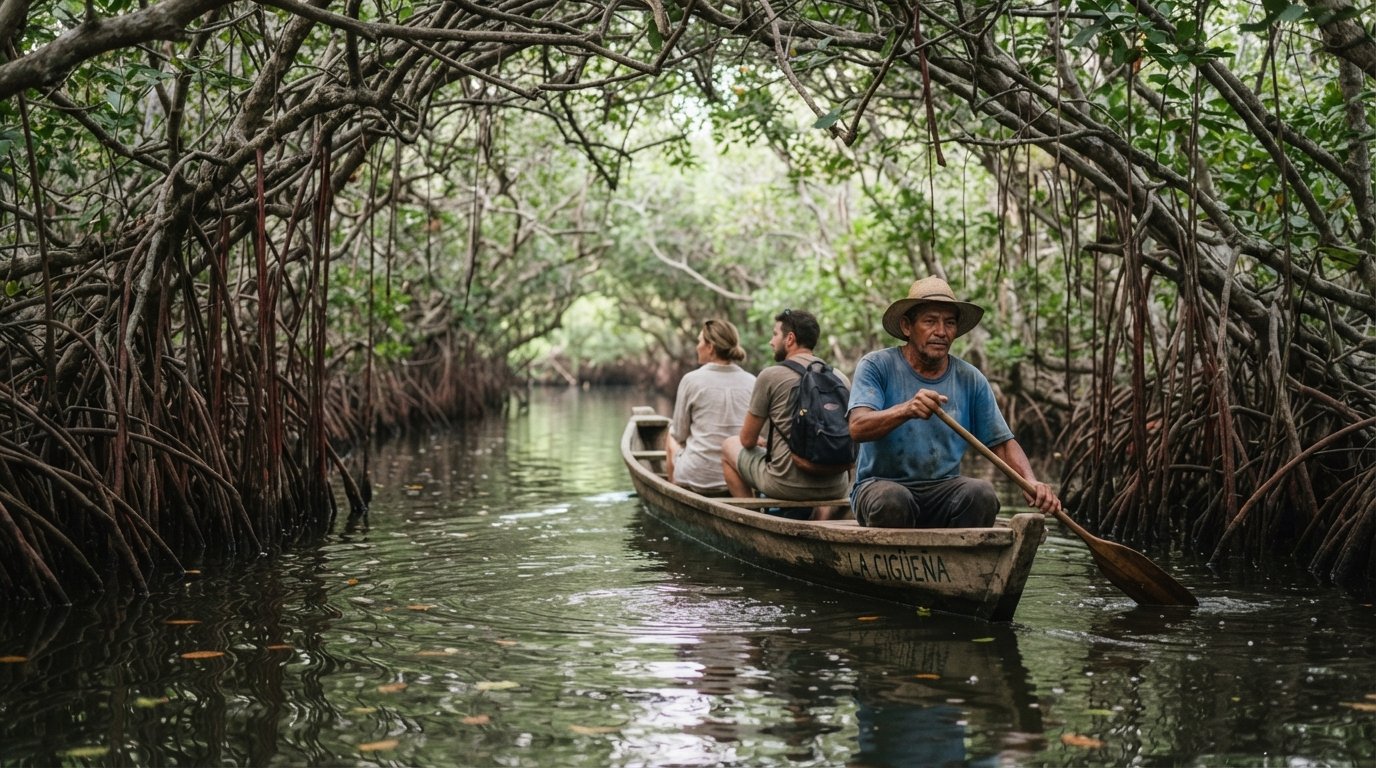 a narrow mangrove canoe gliding through the Ciénaga de la Virgen, red roots arching overhead and a local guide paddling under soft morning light