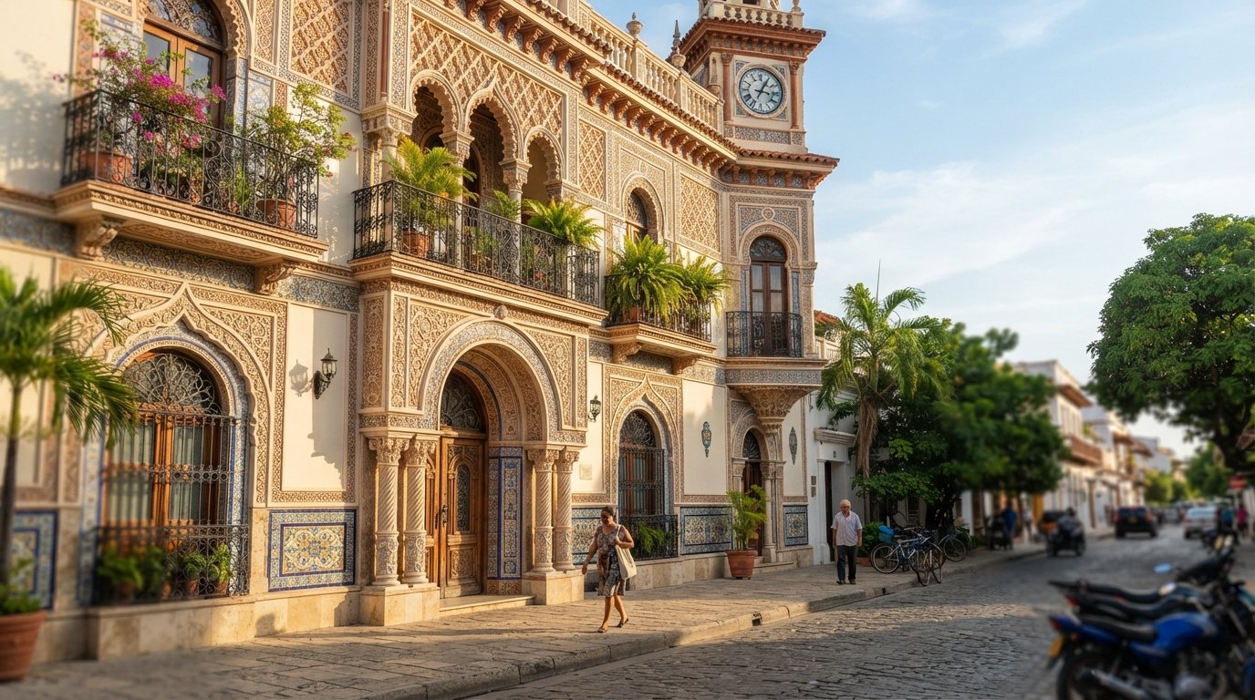 Casa Román on Calle 25 in Manga, neo-Mudéjar façade with Alhambra-inspired plasterwork and ceramics, seen from the street in bright late-afternoon light