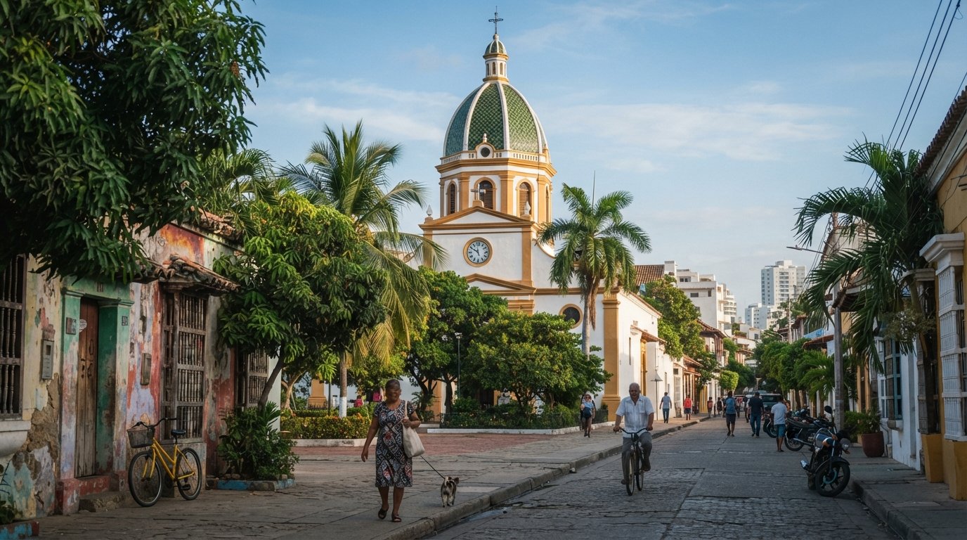 Parroquia Santa Cruz de Manga with its green Munich-style dome, framed by trees and low residential streets in soft morning light