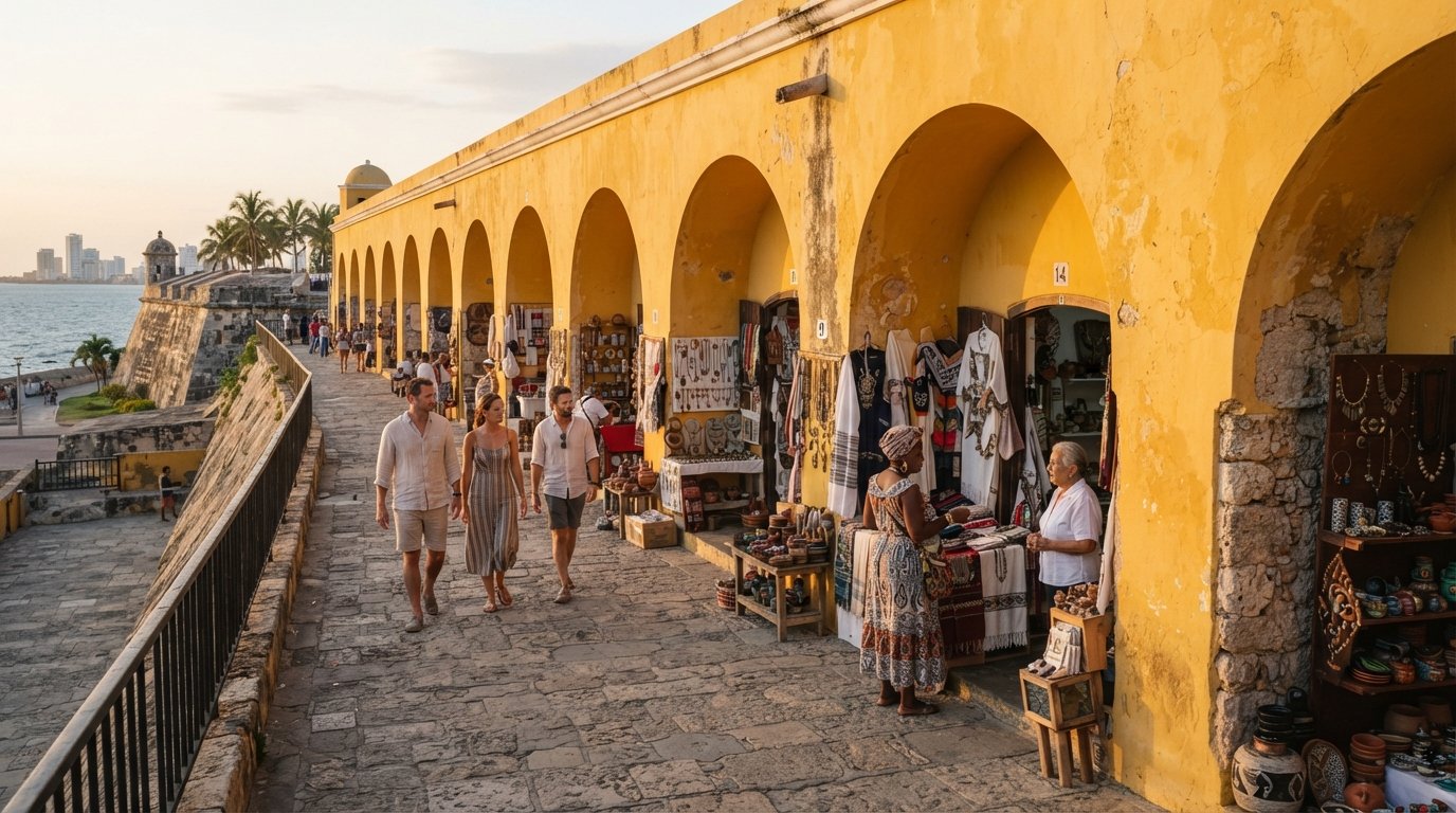Las Bóvedas’ bright-yellow arcade on Cartagena’s city walls, repeated arches glowing in late-afternoon light with craft stalls tucked beneath them
