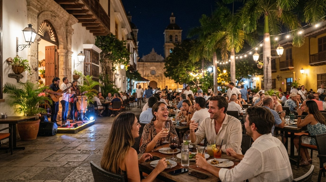 Juan del Mar on Plaza de San Diego at night, tables spilling onto the square under palms with warm lights and live-music energy