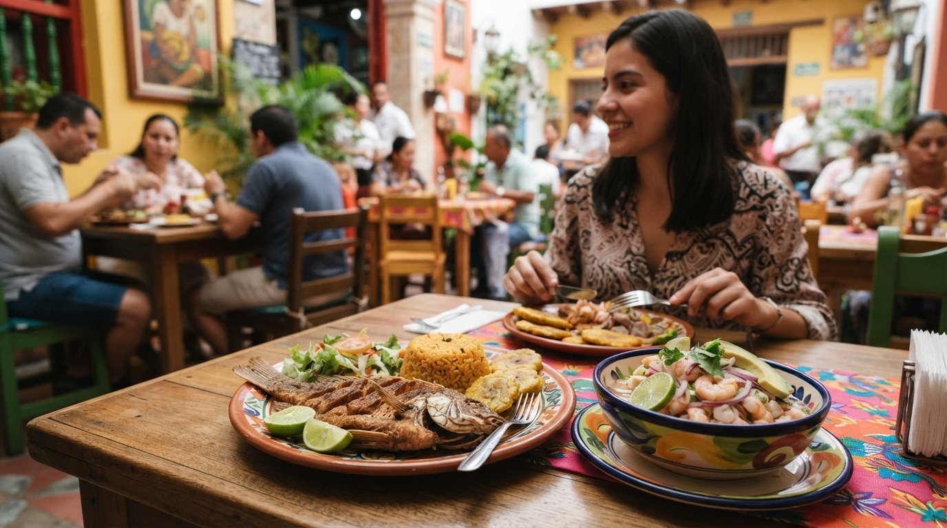 a plated seafood dish at La Mulata, Caribbean-style fried fish and ceviche served on a bright table in a cheerful dining room