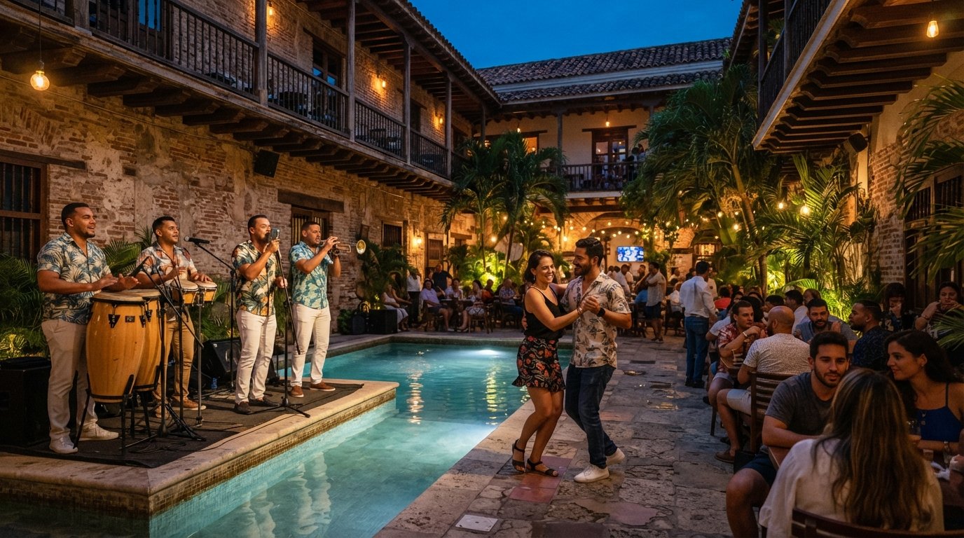 the open-air pool and brick-and-timber interior of Cuba 1940 at dusk, with a salsa band playing beside the water