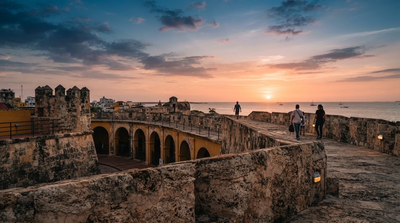 sunset on the city walls behind Las Bóvedas, with the northeast rampart, sea light and a few walkers silhouetted against the sky
